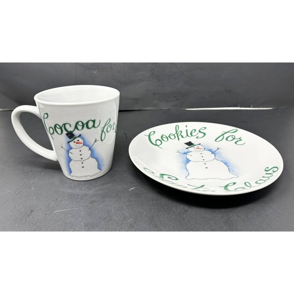 PIER 1 COOKIES COCOA FOR SANTA CLAUS Mug & Plate Set Smiling Snowman Christmas - Picture 2 of 15